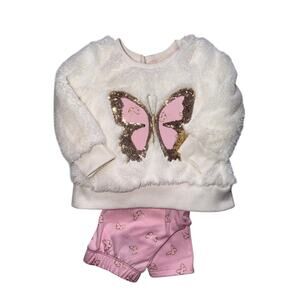 Baby Girl Butterfly Outfit Set Faux Fur Sweater & Pink Pants Size 12 Months